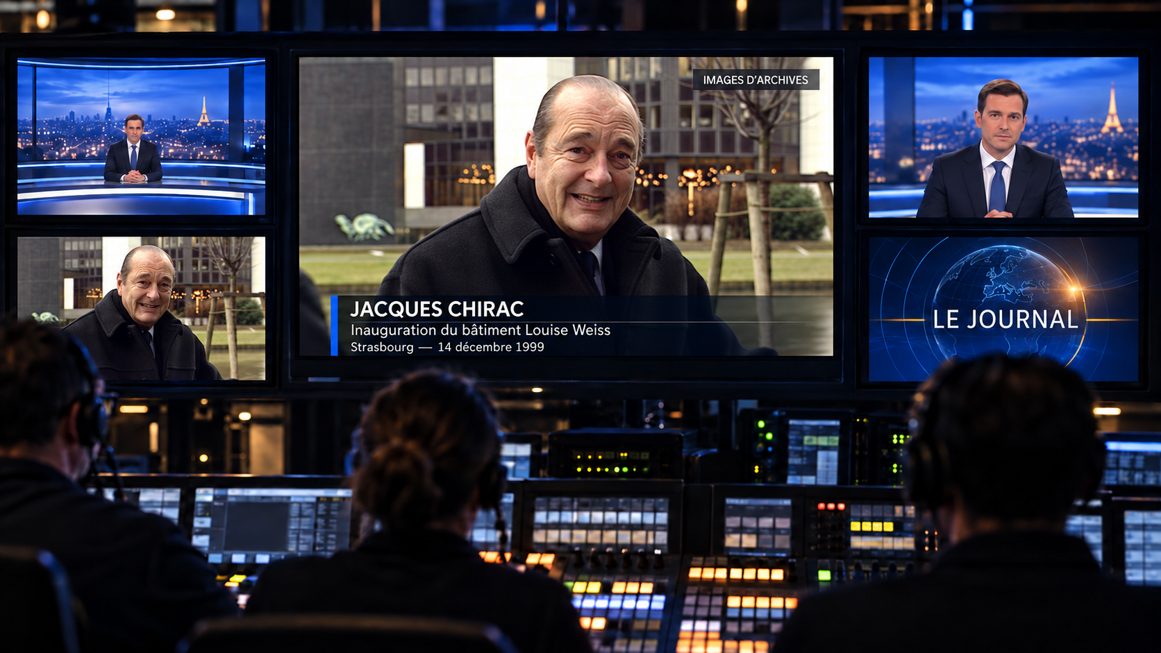Une régie de télévision contrôle la diffusion d’une archive de Jacques Chirac lors de l’inauguration du bâtiment Louise Weiss à Strasbourg