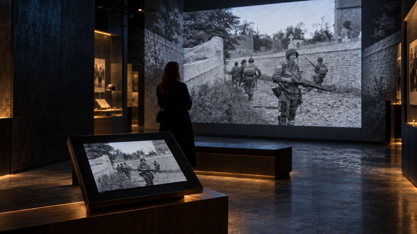 Une archive historique revalorisée est présentée sur une tablette et prolongée par un mapping discret dans un espace muséal