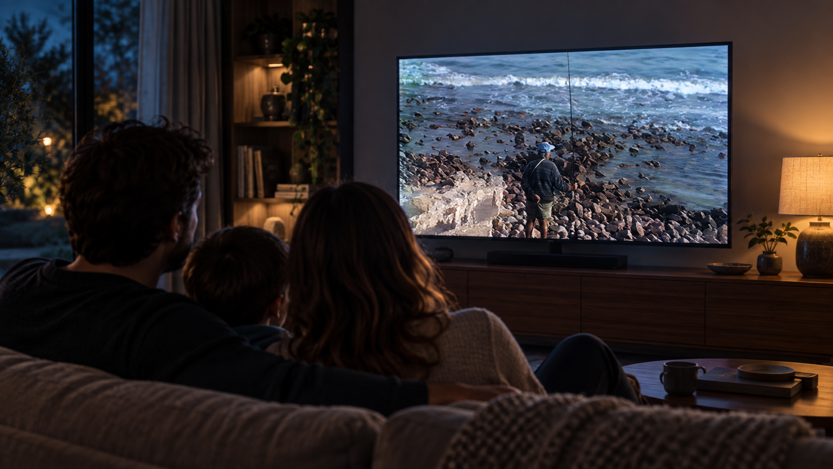 Une famille regarde sur un téléviseur moderne une ancienne vidéo revalorisée montrant un pêcheur au bord de la mer